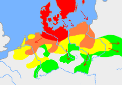 Plemiona germańskie z Danii wyruszają do Europy. Czerwony - 750 pne, różowy 500 pne, żółty 250 pne, zielony rok 0